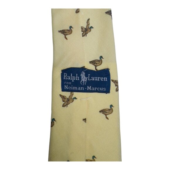 Vintage Polo Ralph Lauren Yellow Silk Wool Challis Mallard Duck Club Tie - Picture 4 of 5